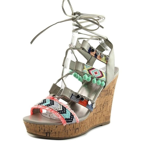 Madden Girl Indie Colorful Strappy Pom Pom Cork Wedge Sandals - Picture 1 of 16